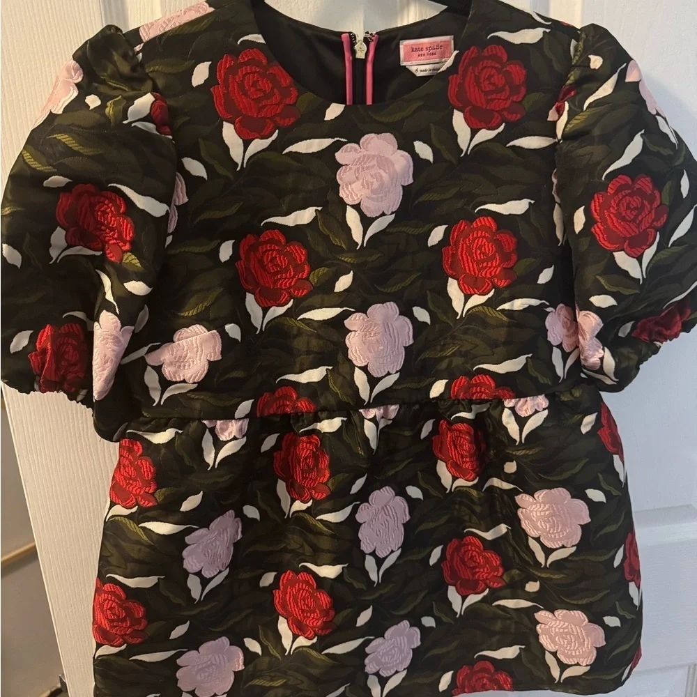 Kate Spade Floral Puff Sleeve Peplum Top - Red and Pink